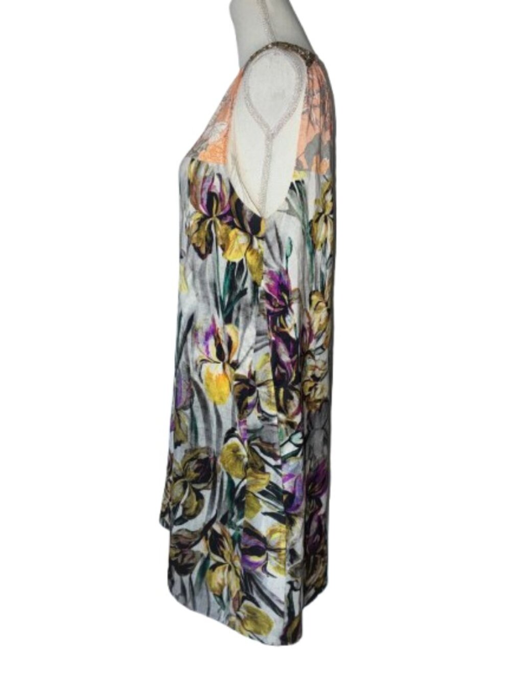 Dreis Van Noten Size 44 Floral Sleeveless Dress Beaded Shoulders Yellow Purple - Picture 8 of 15